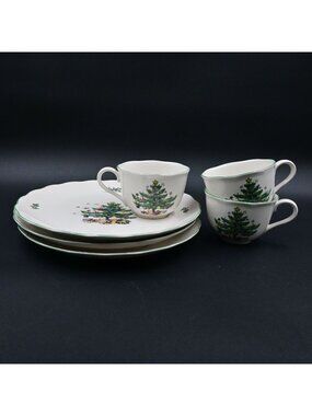 Nikko Happy Holidays Set of 3 Snack Saucer Plate & Tea Cups Christmas Tree